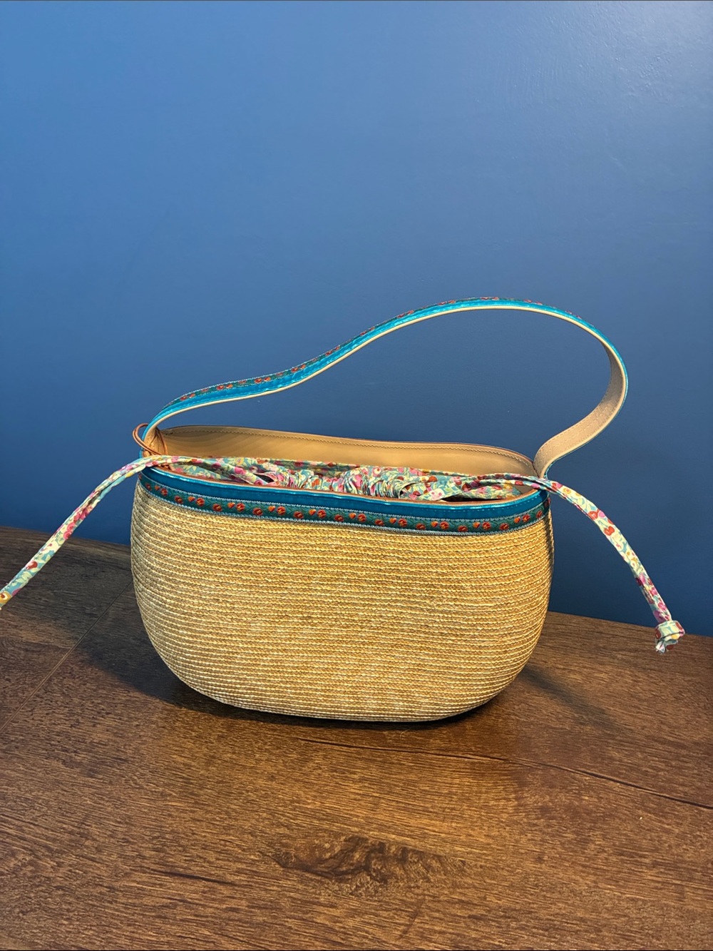 Frederic Fekkai Straw Woven Shoulder Bag with Turquoise Trim and Floral Lining